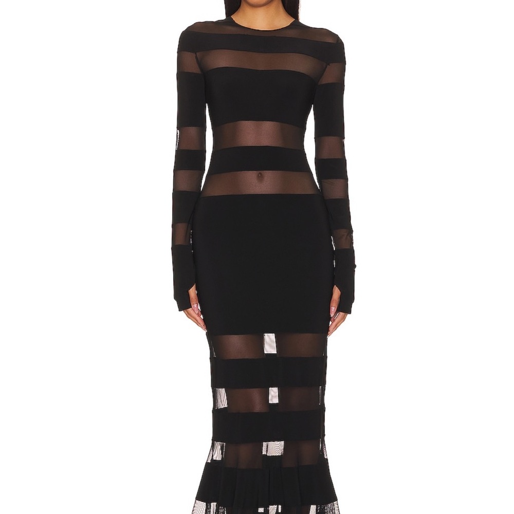Norma Kamali Black Spliced Sheer Striped Long Sleeve Fishtail  Gown
